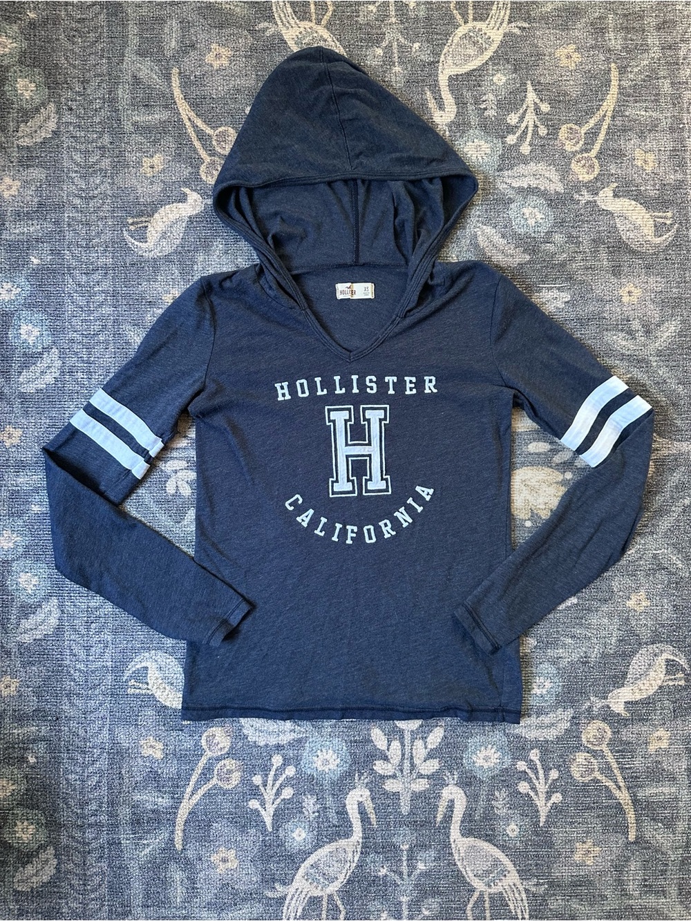 Hollister Navy Blue Hooded Graphic California Long Sleeve Tee with Stripes